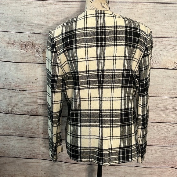 Vintage Black & White Plaid Blazer Wool Blend Collarless Made in USA Size 10 - Picture 5 of 9